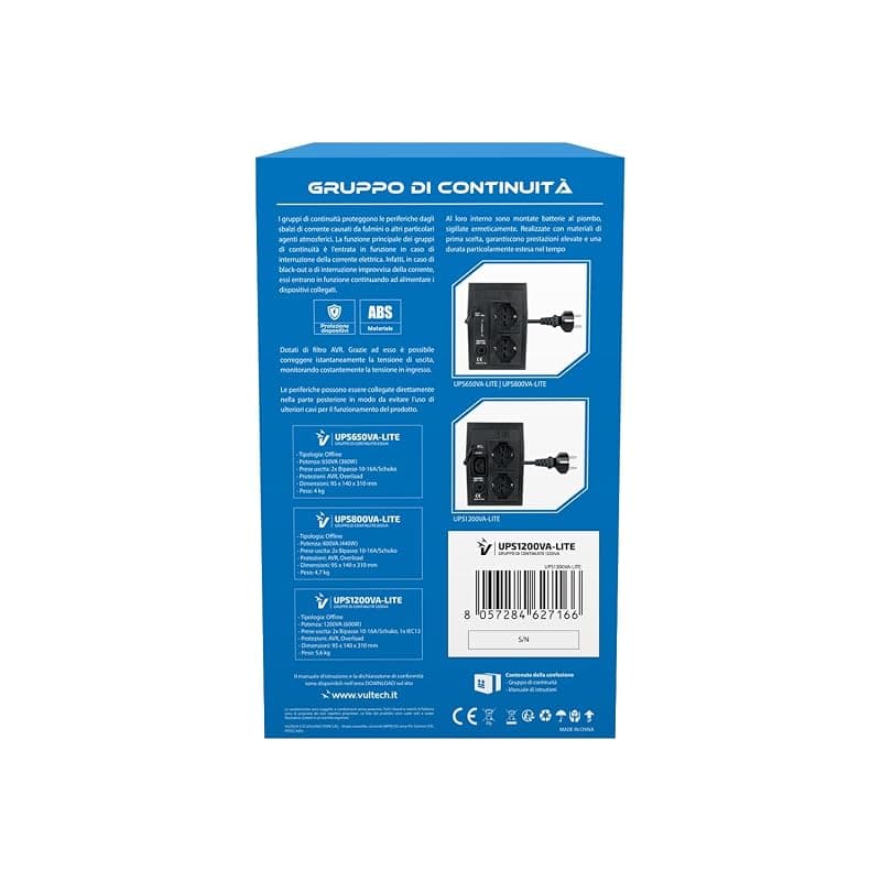 VulTech UPS1200VA-LITE Gruppo di continuità UPS Serie Lite 1200VA 600Watt, 2x Bipasso 10-16A/Schuko + 1x IEC13, Funzione Overload, Protezione da Blackout, sbalzi di tensione per — miniatura 4