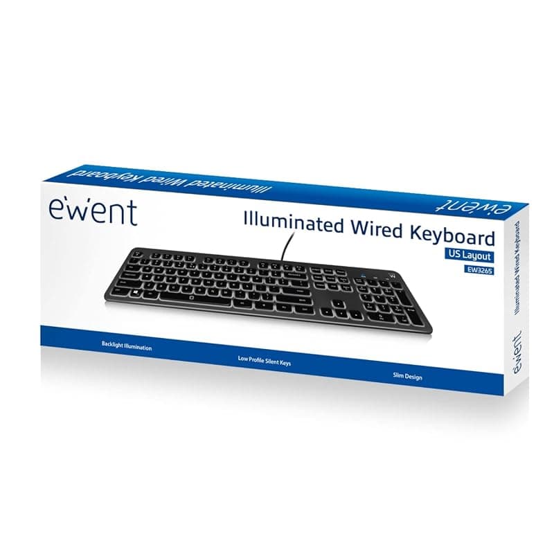 Ewent Tastiera retroilluminata a LED EW3268, cablata USB, dimensioni standard, caratteri grandi, layout QWERTY italiano, nero/grigio — miniatura 7