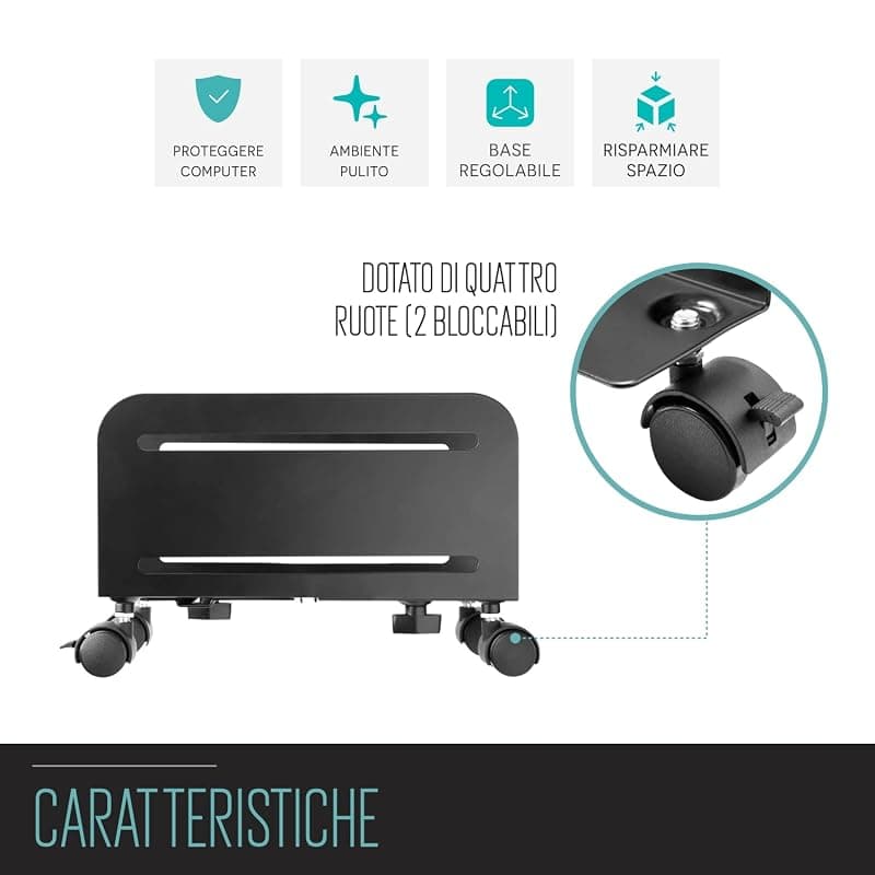 Ewent EW1291 Supporto PC Desktop in Acciaio con 4 Ruote, Larghezza Regolabile 10,9–20,9 cm, 2 Ruote Bloccabili, Portata 10 kg, Nero — miniatura 3