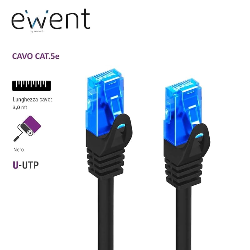 Ewent EW-5U-030BL - Cavo di Rete, Patch CAT 5e U/UTP, AWG 26/7, 2 Connettori RJ53, Nero, 3 m, 1 Pezzo — miniatura 2