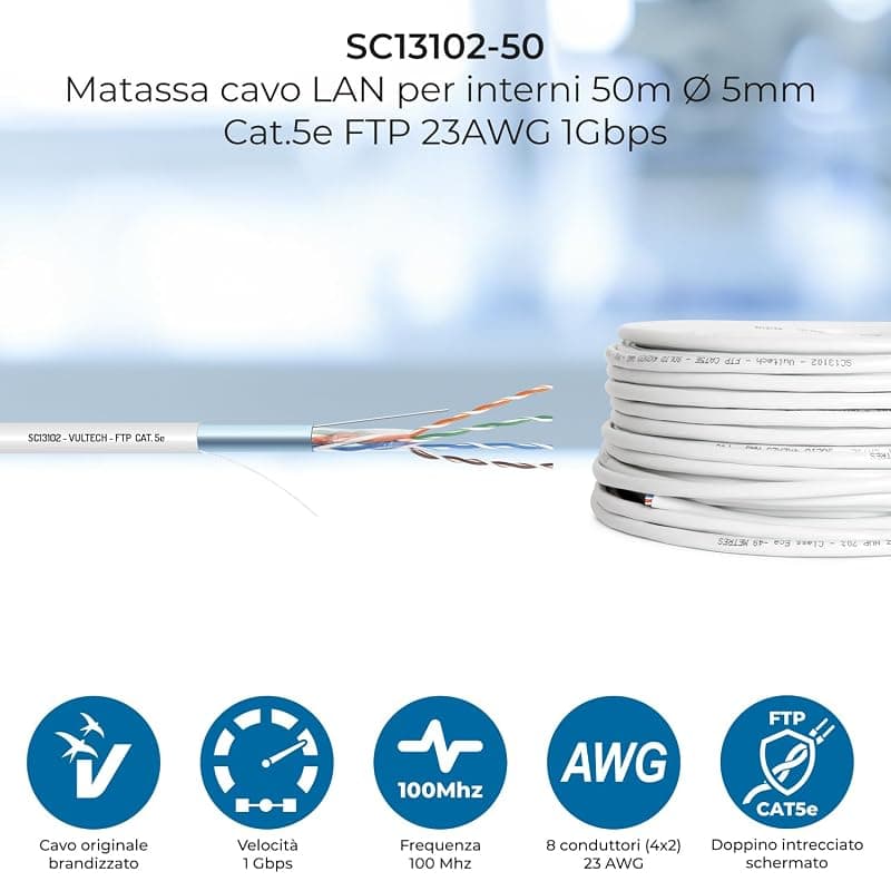 VulTech SC13102-50 Bobina Matassa Lan Categoria 5e FTP 50 Metri 23AWG Ethernet cavo rete impianti alta velocità 1Gbps 50m Cat5e, 100 Ohm, 10/100/1000 Mbps — miniatura 2
