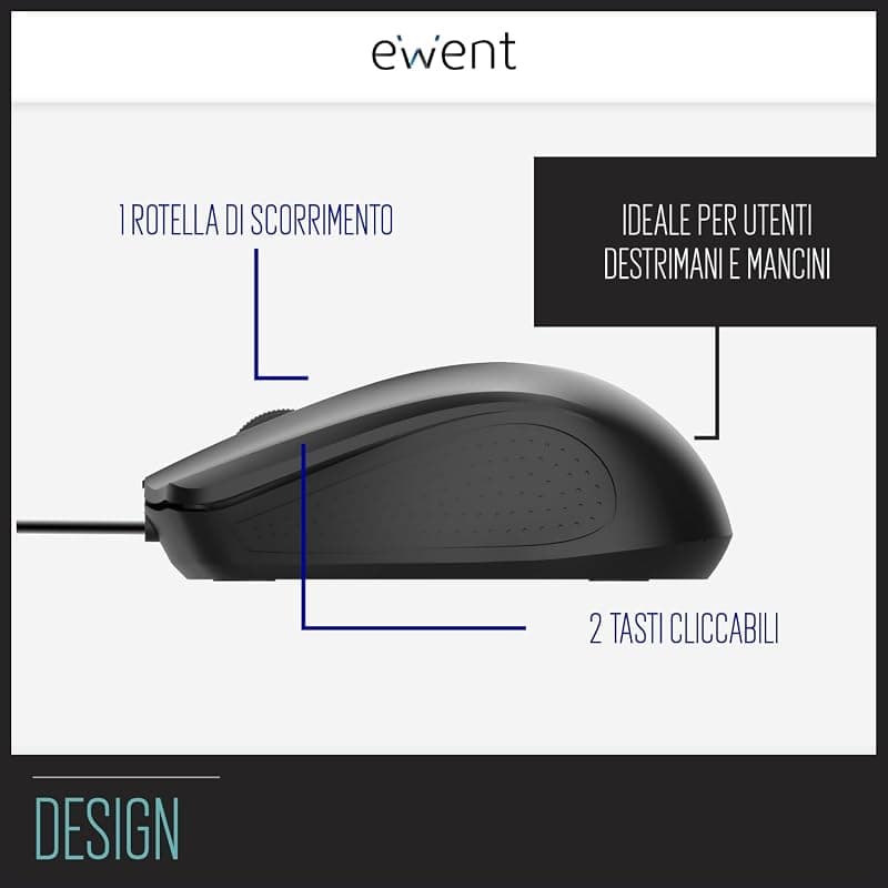 Ewent EW3300 - Mouse ottico con cavo USB a 3 pulsanti, 1000 DPI, design ergonomico, ambidestro, PC/Mac / ‎Laptop/Chromebook - ‎Nero — miniatura 4