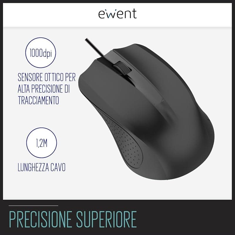 Ewent EW3300 - Mouse ottico con cavo USB a 3 pulsanti, 1000 DPI, design ergonomico, ambidestro, PC/Mac / ‎Laptop/Chromebook - ‎Nero — miniatura 3