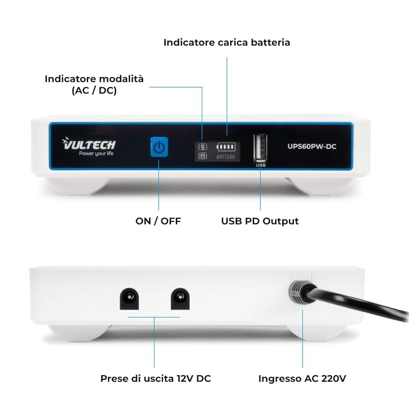 VulTech UPS60PW-DC Rev. 2.1 Bianco Mini UPS 6000mAh 60Watt Gruppo di Continuità Portatile per Router Wireless Modem Telecamera Power Bank Smartphone Input 100-240 VAC USB 5V DC 12V — miniatura 2