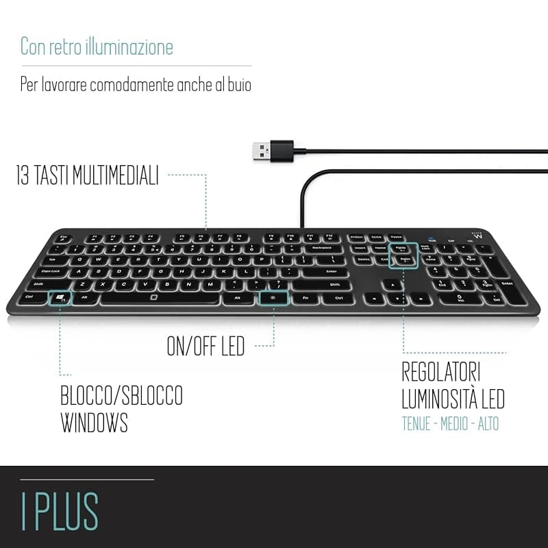 Ewent Tastiera retroilluminata a LED EW3268, cablata USB, dimensioni standard, caratteri grandi, layout QWERTY italiano, nero/grigio — miniatura 4