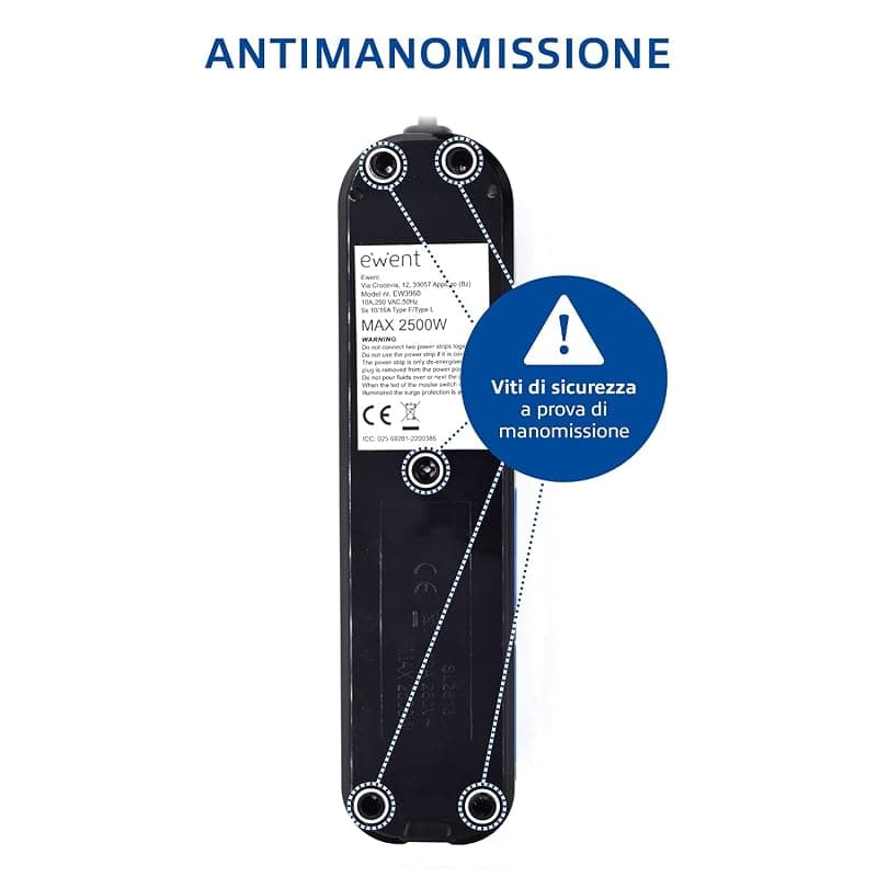 Ewent EW3960 Multipresa Ciabatta Elettrica 9 Posti, 6 prese Ita 10/16A+3Schuko, protezione Sovraccarico Sovratensione 250V/2500W spina Italiana 10A cavo 1.5m, nera Classe — miniatura 9