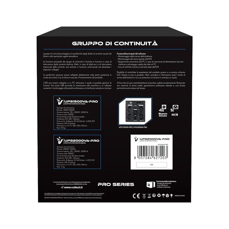 VulTech UPS2000VA-PRO Gruppo di continuità UPS Serie PRO 2000VA 1025Watt, Display LCD, 2x Bipasso/Schuko + 1x IEC13 + RJ11 + USB, Funzione Overload, AVR, sbalzi di tensione per — miniatura 3