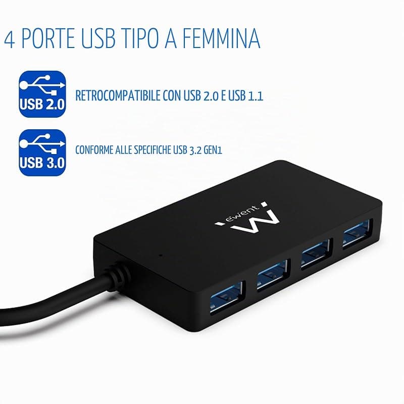Ewent EW1136 Hub USB 3.0 4 Porte per la Trasmissione di Dati, Hub USB Multiporta sottile con connettore DC per Alimentazione esterna, Velocità di trasferimetno 5 Gbps — miniatura 2