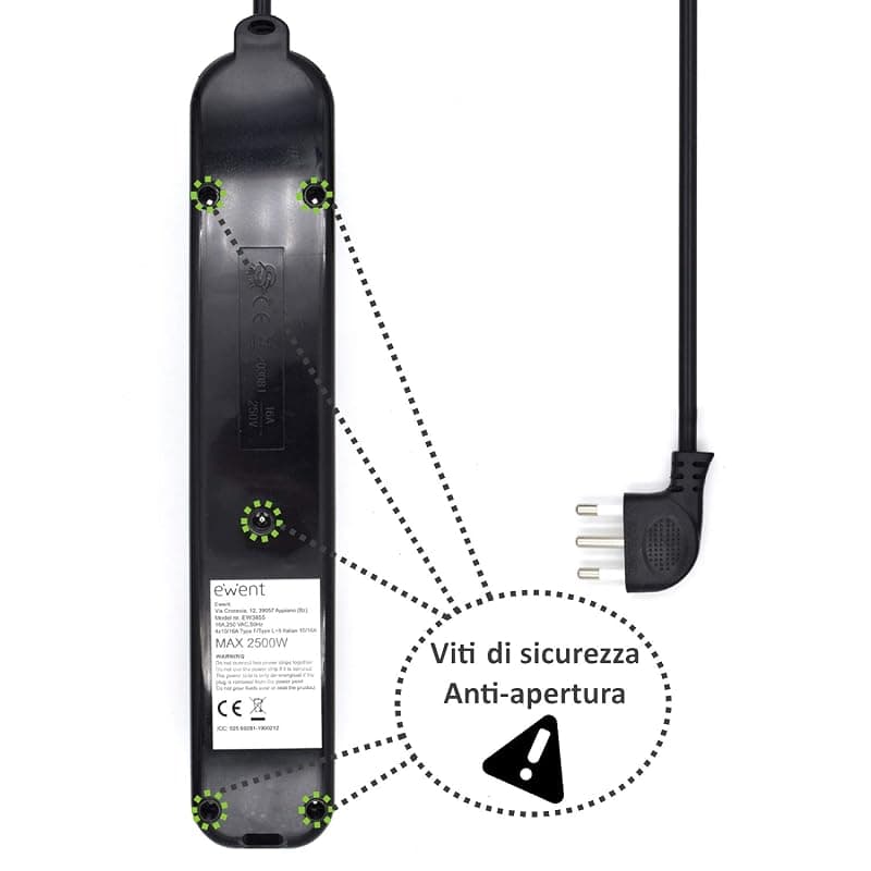 Ewent EW3855 Multipresa Elettrica 12 posti 4 polivalenti (Schuko 10/16A) e 8 bivalenti ITA 10/16A, Spina 16A, cavo 1.5 mt, colore nero — miniatura 9