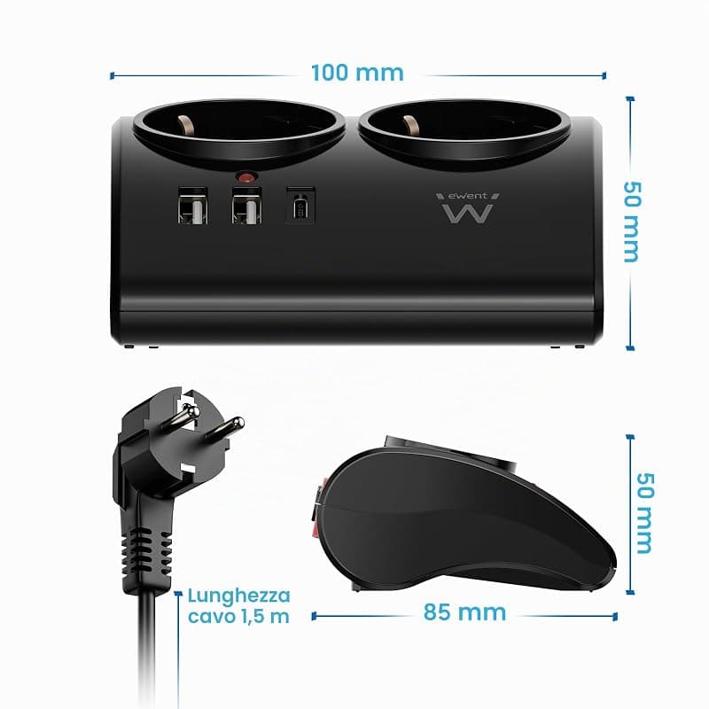 Ewent Multipresa da Scrivania 2 Prese Schuko + 2 USB + 1 USB-C EW3871 — miniatura 7