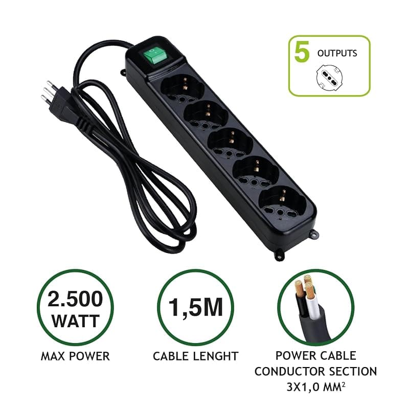 Tecnoware Multipresa 5 Posti Schuko/ita 10a Nero Spina Ita Fmp5iig — miniatura 2
