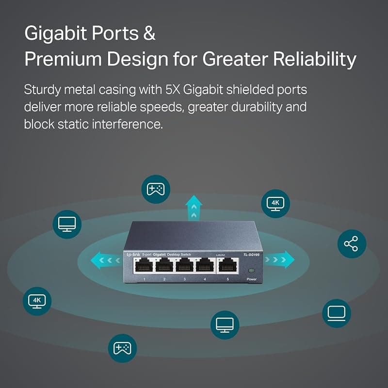 TP-Link TL-SG105 Switch 5 Porte Gigabit, 10/100/1000 Mbps, Plug & Play — miniatura 2