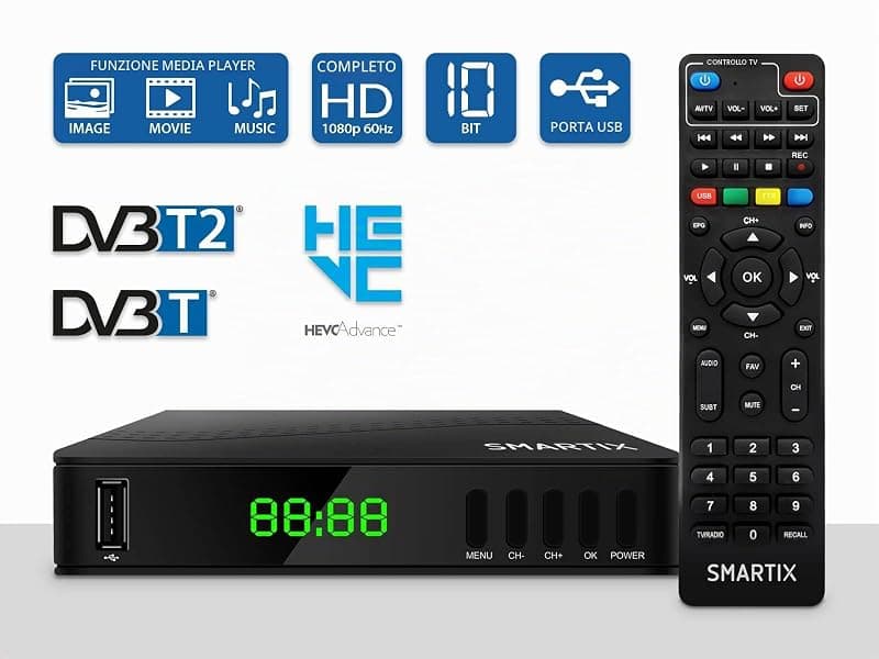 Atlantis SMARTIX DH17 Decoder Digitale Terrestre DVB T2 HEVC H.265 mpeg2/mpeg4 H264 Media Player Porta USB. HDMI e SCART Telecomando Learning, Main 10, Nero — miniatura 6