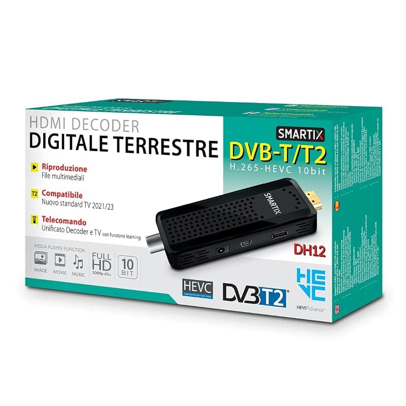 Smartix Atlantis DH12 Decoder TV Digitale Terrestre DVBT e DVBT2 HD STICK, MPEG-2, MPEG-4/H.264, HEVC/H.265 Porta USB IR Estender Telecomando, Nero — miniatura 5