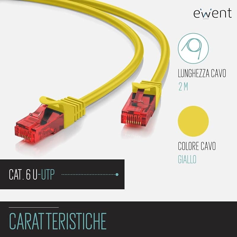 Ewent Cavo di Rete Patch Cat 6 U/UTP, AWG 24/7, 2 Connettori RJ45, 2m, GIALLO (IM1017) — miniatura 2