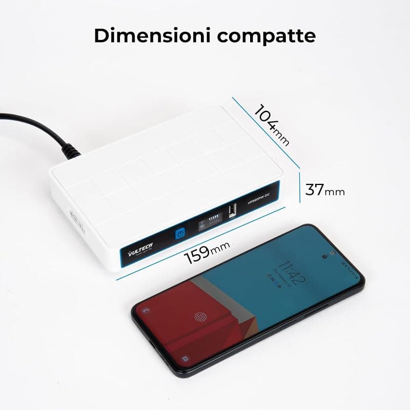 VulTech UPS60PW-DC Rev. 2.1 Bianco Mini UPS 6000mAh 60Watt Gruppo di Continuità Portatile per Router Wireless Modem Telecamera Power Bank Smartphone Input 100-240 VAC USB 5V DC 12V — miniatura 4