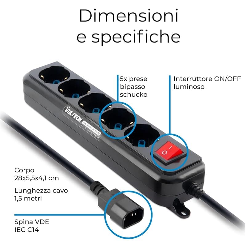 VulTech MU-UPS01 Multipresa per UPS IEC14 a 5 Posti Prese Italiane 10/16A e Schuko/Tedesche, Tasto On/Off, Ignifuga, Cavo da 1,5 m, 2500W, Nero — miniatura 5
