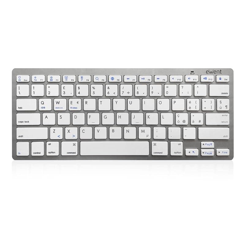 Ewent Ew3160 Tastiera Bluetooth 3 Keyboard Wireless Italiana Compatibile con Dispositivi iOS Come iPad, iPhone, Mac, Dispositivi Android e Windows Pc, Colore Argento/Bianca