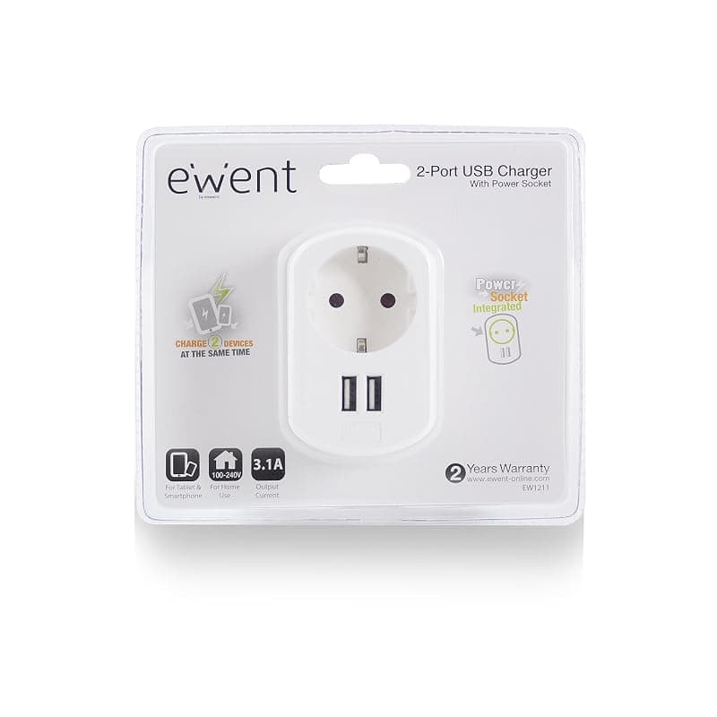 Ewent Adattatore Compatto con Presa Schuko + 2 USB EW1211 — miniatura 5