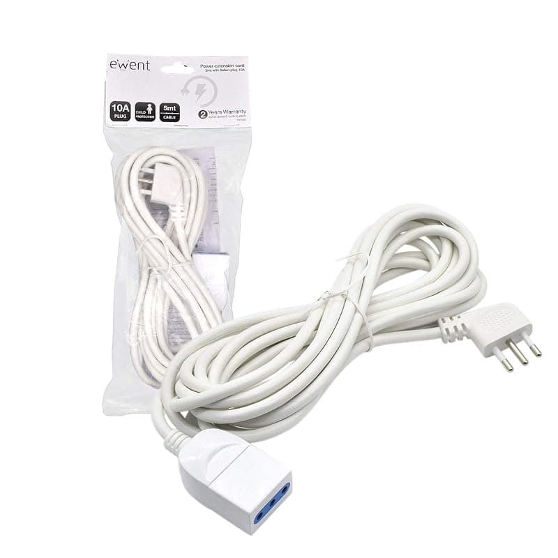 Ewent EW3802 - Prolunga elettrica 5mt, spina Italiana 10A 90° salvaspazio, presa italiana 10A, cavo H05VV-F 3x0,75mm2, presa con protezione bambini, Bianco — miniatura 3