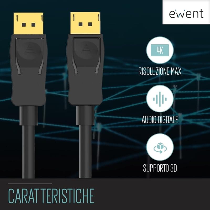 Ewent EC1400, Cavo Display Port 1.2, Risoluzione 4K e 3D con Audio Digitale, Compatibilità Universale, Supporta 3D, Lunghezza 1 m, Colore Nero, Cavo per Monitor — miniatura 3
