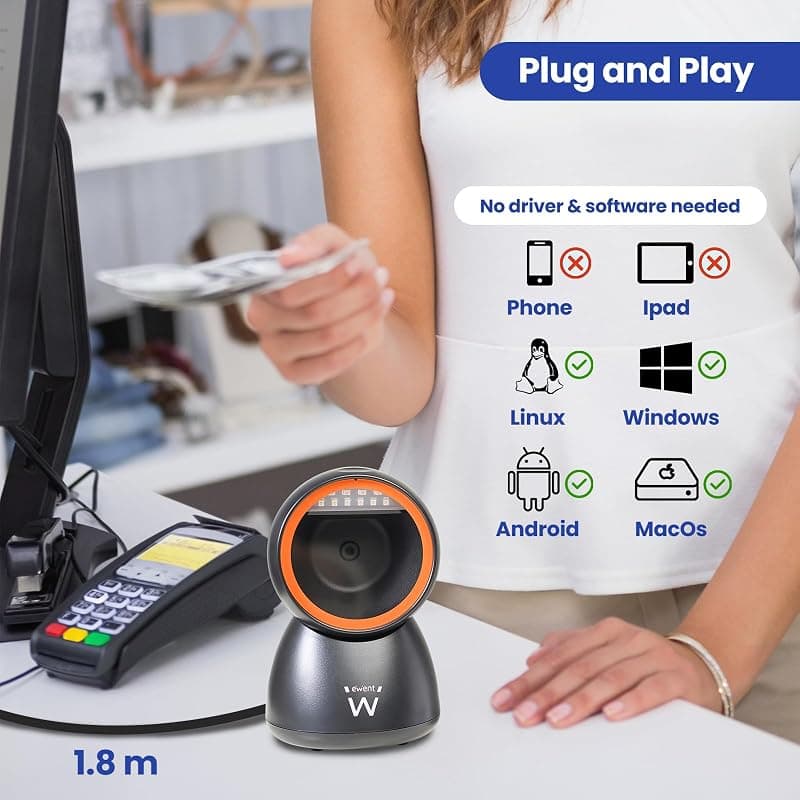 EWENT EW3450 Lettore di codici a barre omnidirezionali 1D 2D QR con cavo USB, a mani libere, scansione automatica con rilevamento delle immagini, supermercati, farmacie — miniatura 4