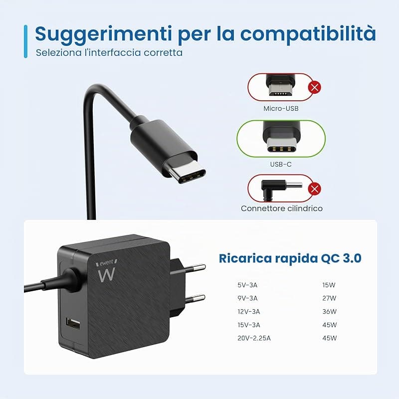 Ewent Caricatore da Rete Elettrica USB Type-C con USB-A Aggiuntiva 45W EW3979 — miniatura 9
