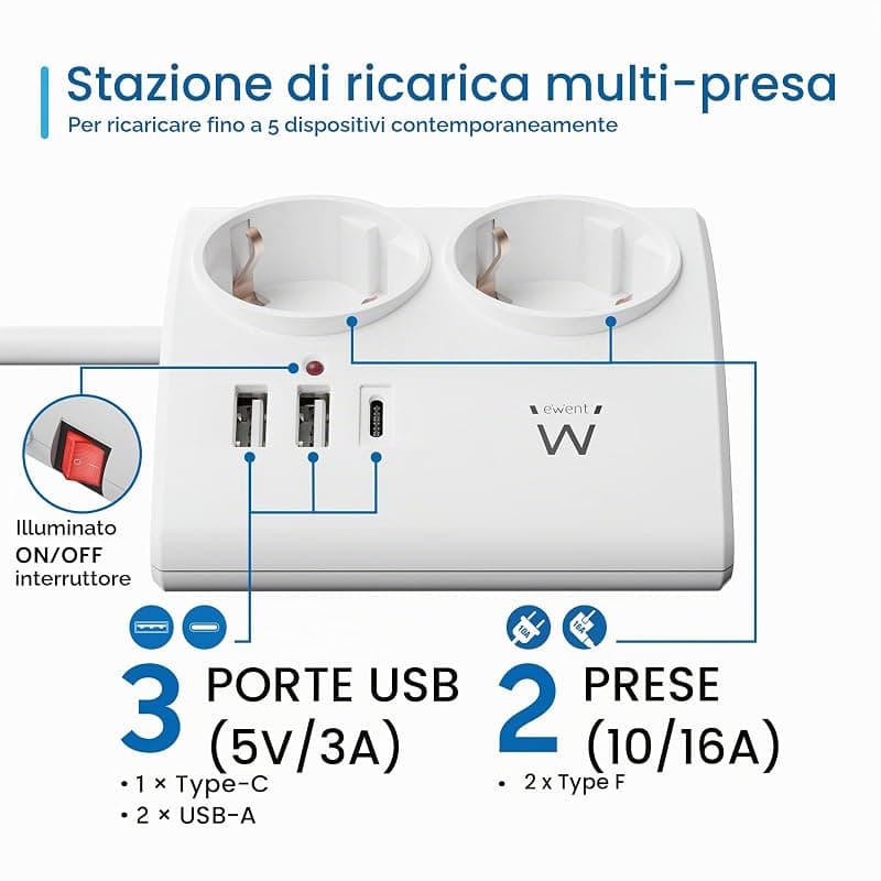 Ewent Multipresa da Scrivania 2 Prese Schuko + 2 USB + 1 USB-C EW3870 — miniatura 2