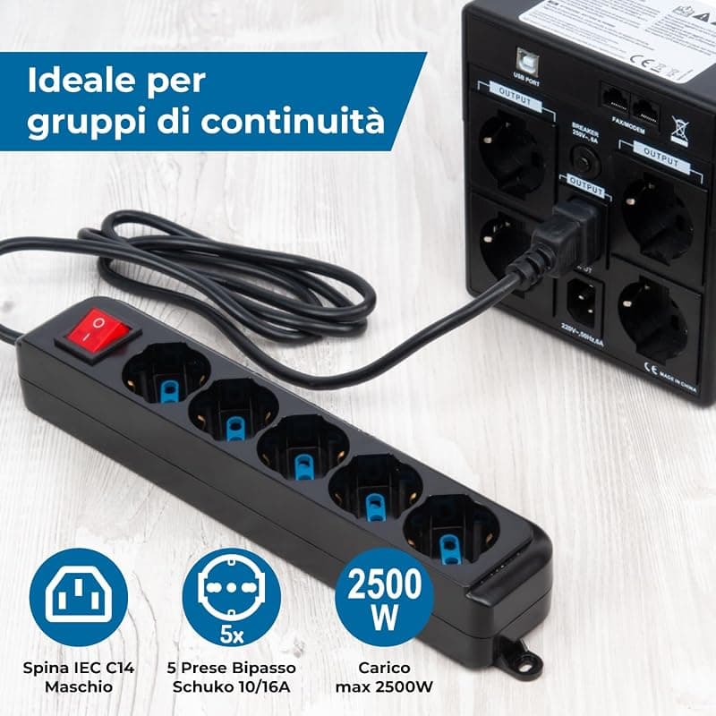 VulTech MU-UPS01 Multipresa per UPS IEC14 a 5 Posti Prese Italiane 10/16A e Schuko/Tedesche, Tasto On/Off, Ignifuga, Cavo da 1,5 m, 2500W, Nero — miniatura 2