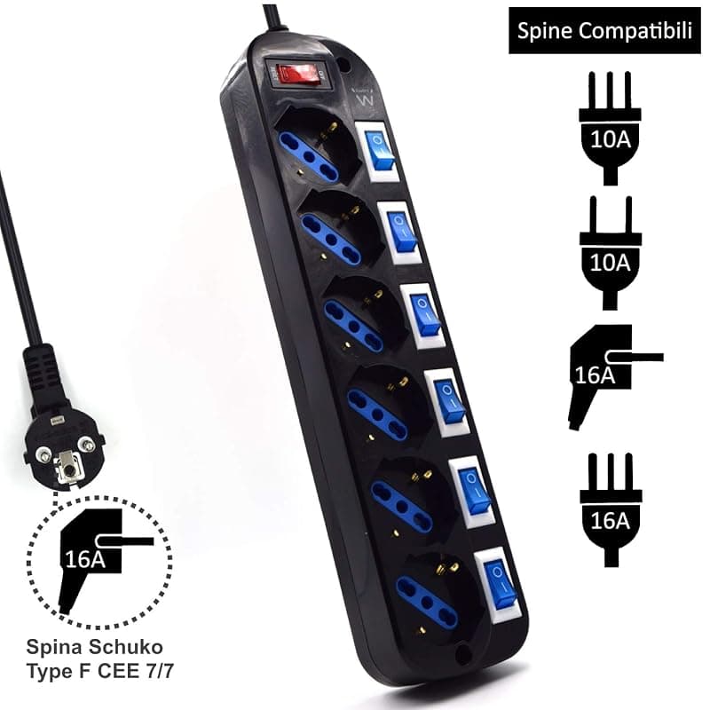 Ewent EW3851 Multipresa Elettrica a 6 Posti ITA/Schuko indipendenti su Ogni Presa e Interruttore Generale, Schuko 16A, 2500W, Nera — miniatura 2