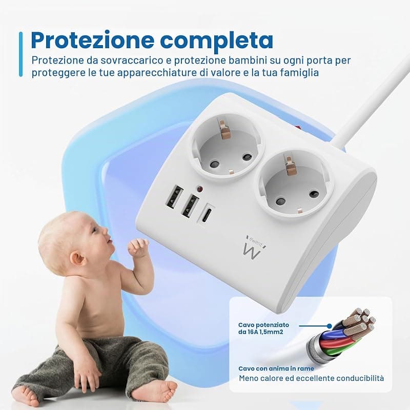 Ewent Multipresa da Scrivania 2 Prese Schuko + 2 USB + 1 USB-C EW3870 — miniatura 6