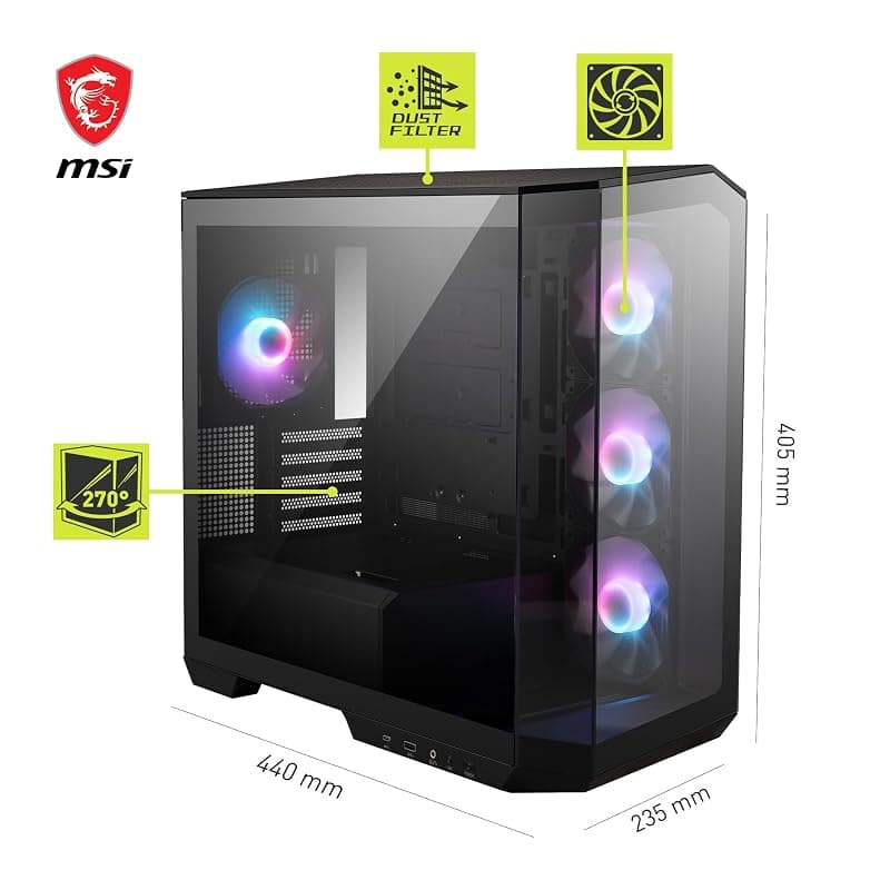 MSI MAG PANO M100R PZ Micro-ATX Case - 3 ventole ARGB da 120 mm e 1 ventola ARGB da 120mm, supporto per GPU, filtri antipolvere, spazio per il routing dei cavi di 33 mm, USB — miniatura 3