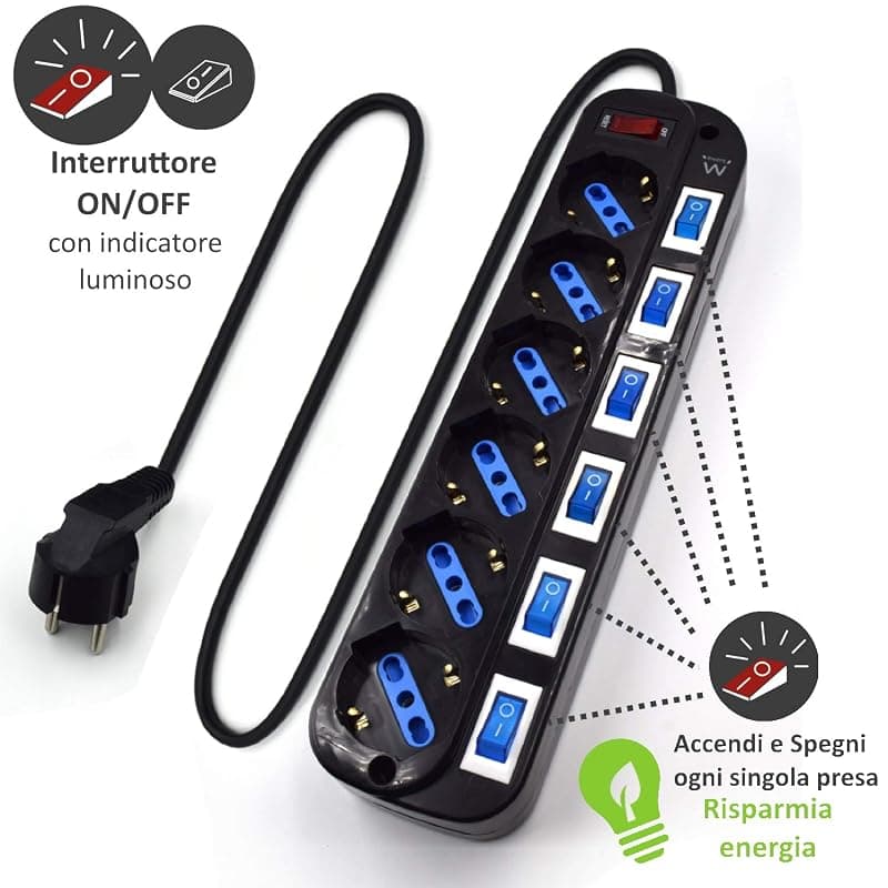 Ewent EW3851 Multipresa Elettrica a 6 Posti ITA/Schuko indipendenti su Ogni Presa e Interruttore Generale, Schuko 16A, 2500W, Nera — miniatura 3