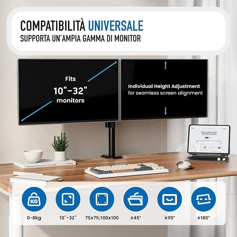 Ewent EW1512 Braccio Doppio Monitor, Supporto Doppio per PC a Schermo Piatto,Staffa Di Supporto Tv/Monitor 13-27 Pollici,Altezza e Inclinazione Regolabili e Rotazione,con — miniatura 2