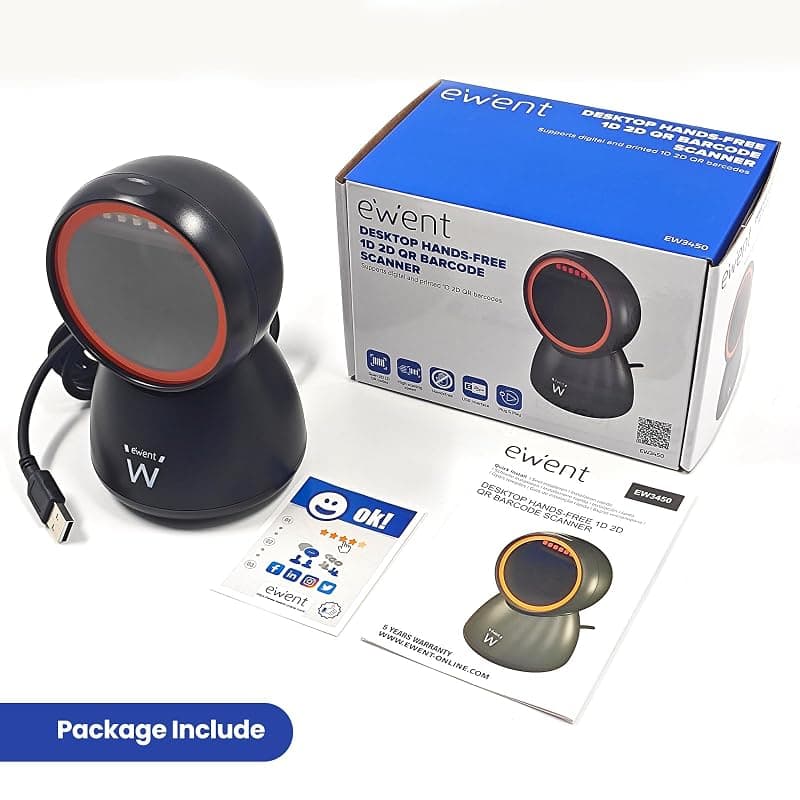 EWENT EW3450 Lettore di codici a barre omnidirezionali 1D 2D QR con cavo USB, a mani libere, scansione automatica con rilevamento delle immagini, supermercati, farmacie — miniatura 3