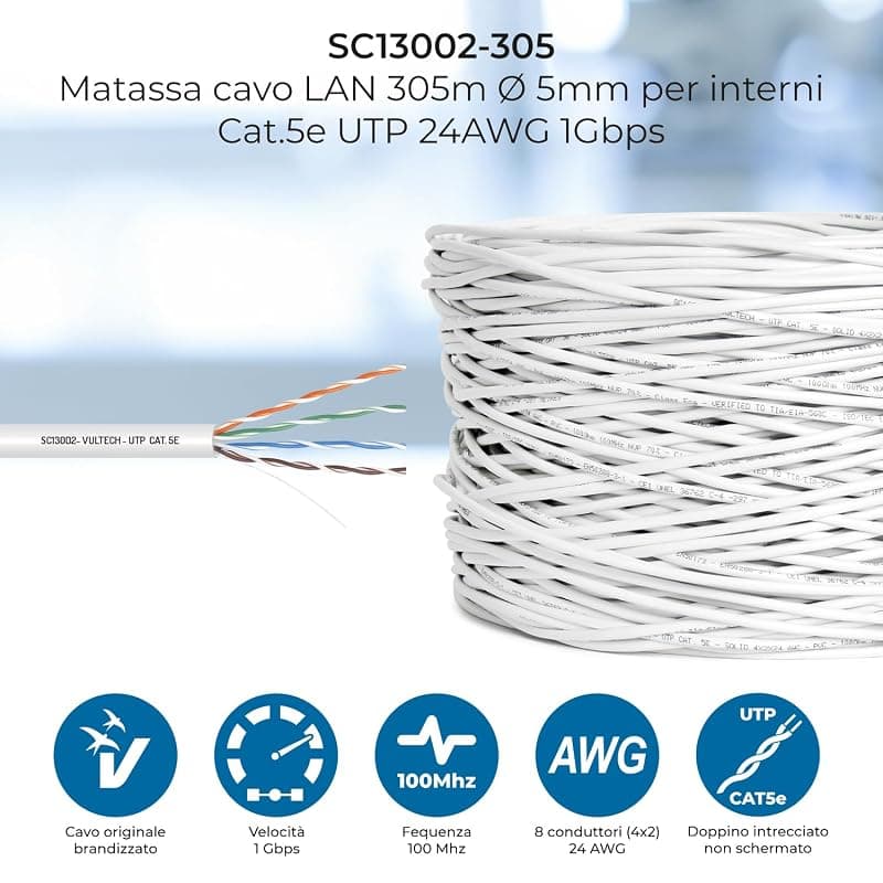 VulTech SC13002-305 Bobina Matassa Lan Categoria 5e UTP 305 Metri 24AWG Ethernet cavo rete impianti alta velocità 1Gbps 305m Cat5e, 100 Ohm, 100Mhz, 10/100/1000 Mbps — miniatura 2