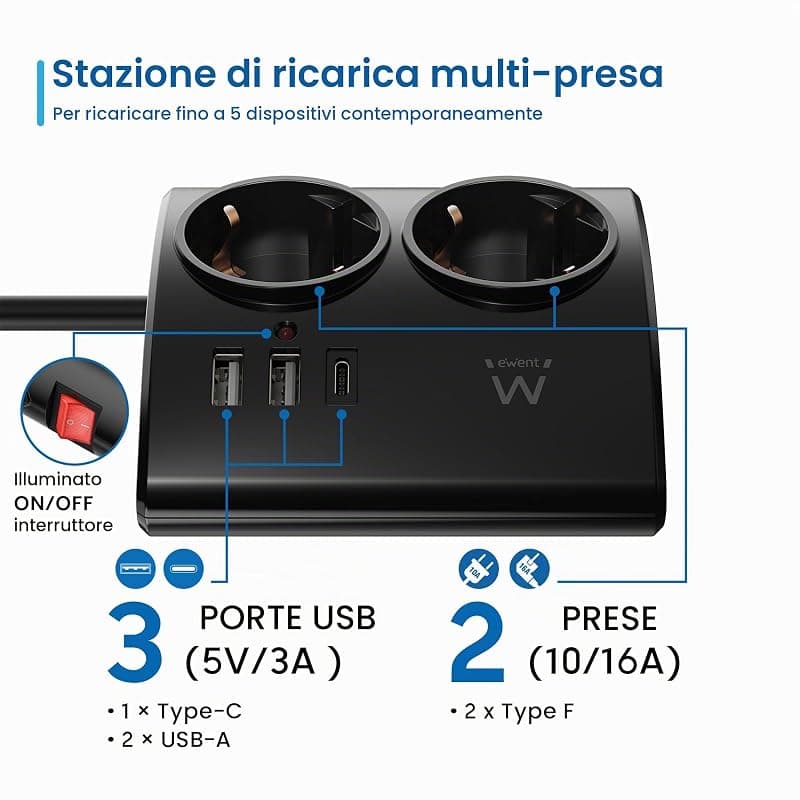 Ewent Multipresa da Scrivania 2 Prese Schuko + 2 USB + 1 USB-C EW3871 — miniatura 2