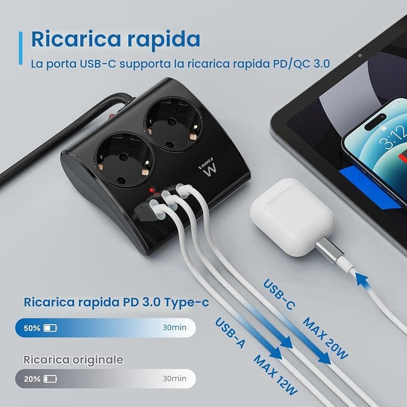 Ewent Multipresa da Scrivania 2 Prese Schuko + 2 USB + 1 USB-C EW3871 — miniatura 4
