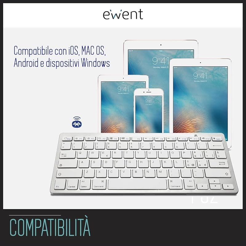 Ewent Ew3160 Tastiera Bluetooth 3 Keyboard Wireless Italiana Compatibile con Dispositivi iOS Come iPad, iPhone, Mac, Dispositivi Android e Windows Pc, Colore Argento/Bianca — miniatura 6