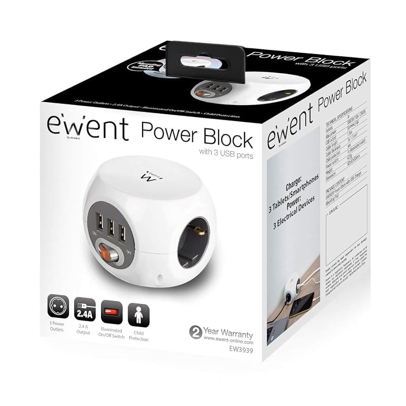 Ewent EW3939 - Power Block (Cube) con 3 prese e 3 porte USB, cavo da 1,5 m, colore: Bianco/Bianco — miniatura 3