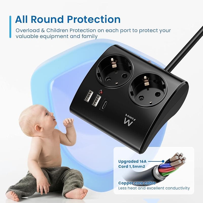 Ewent Multipresa da Scrivania 2 Prese Schuko + 2 USB + 1 USB-C EW3871 — miniatura 6