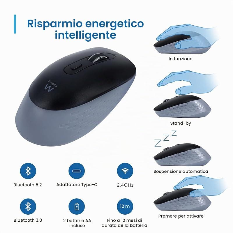 Ewent Mouse Wireless con Click Silenzioso Ricevitore USB a + C EW3243 — miniatura 8