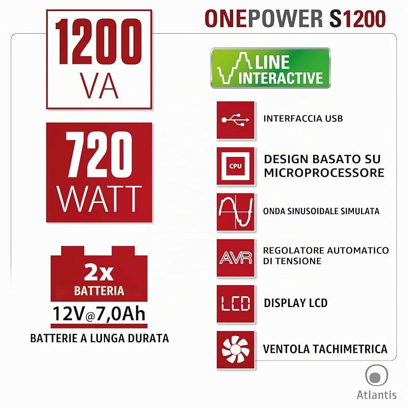 Atlantis UPS Onepower S1200 1200VA/720W con AVR A03-S1200 — miniatura 5