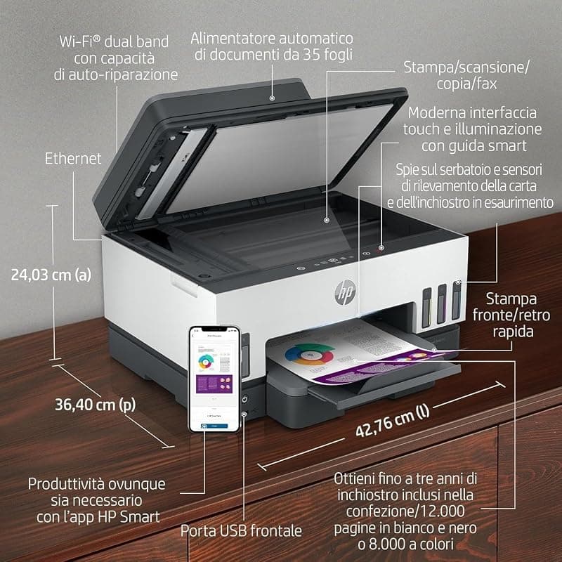 HP Smart Tank 7605 28C02A, Stampante Multifunzione a Colori, Serbatoio d'Inchiostro ad Alto Volume di Stampa, Fino a 12000 Pagine (Nero) e 8000 Pagine (Colore), F/R Automatica — miniatura 6