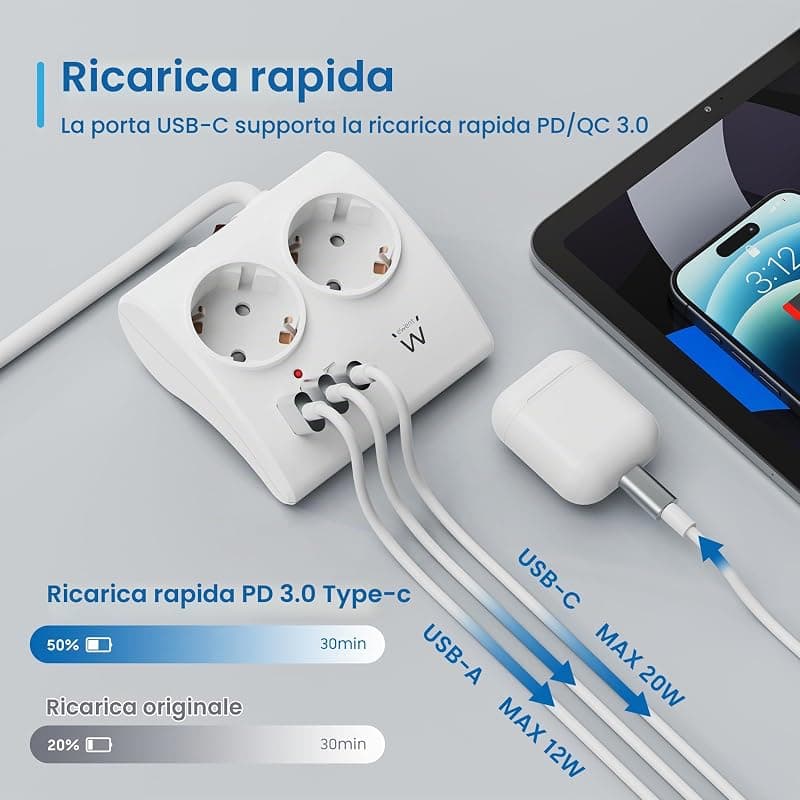 Ewent Multipresa da Scrivania 2 Prese Schuko + 2 USB + 1 USB-C EW3870 — miniatura 4