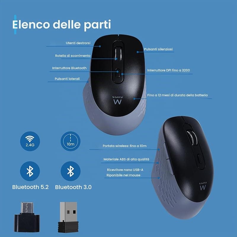 Ewent Mouse Wireless con Click Silenzioso Ricevitore USB a + C EW3243 — miniatura 5