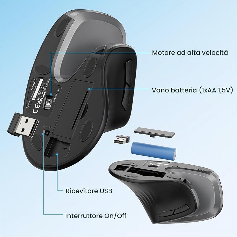 Ewent Mouse wireless ergonomico, EW3154, mouse ottico con 6 tasti e interruttore On/Off, 3 DPI regolabili, ricevitore USB, mouse per PC, laptop, iPad, Windows, Android, Mac. — miniatura 5