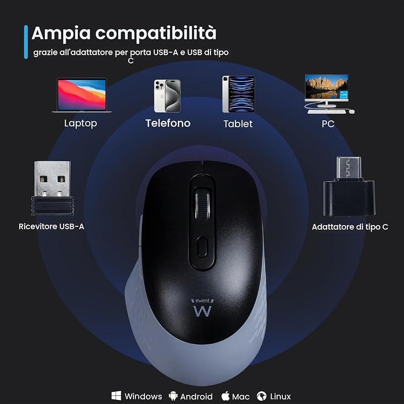 Ewent Mouse Wireless con Click Silenzioso Ricevitore USB a + C EW3243 — miniatura 9