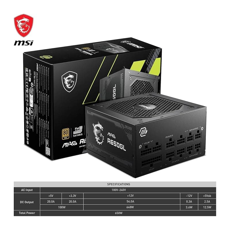 MSI MAG A650GL Alimentatore, Certificazione 80 PLUS Gold, Completamente Modulare, con Ventola FDB da 120 mm con Cuscinetto a Fluido Dinamico, Architettura Full-Bridge LLC — miniatura 7
