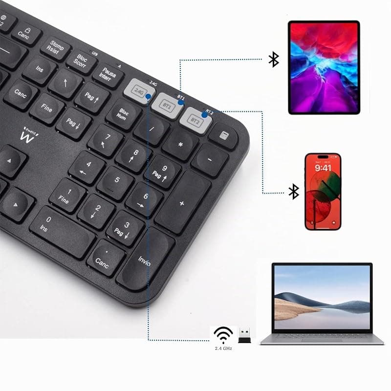 Ewent EW3275 - Tastiera Wireless Multiconnessione, Tastiera senza fili per Windows, Mac OSx, iOS e Android, Durata della Batteria Molto Lunga, con Layout ITALIANO QWERTY — miniatura 3
